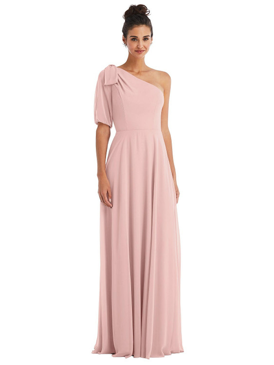 Bow One-Shoulder Flounce Sleeve Maxi Dress Thread Bridesmaid Style TH048 in Rose