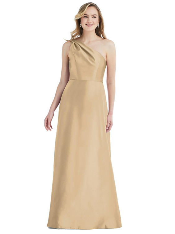 Pleated Draped One-Shoulder Satin Maxi Dress with Pockets By Alfred Sung D821 in 36 colors in golden