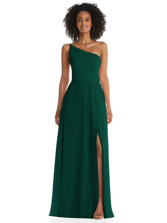 One-Shoulder Chiffon Maxi Dress with Shirred Front Slit by After Six Bridesmaid style 1555 available in 63 colors