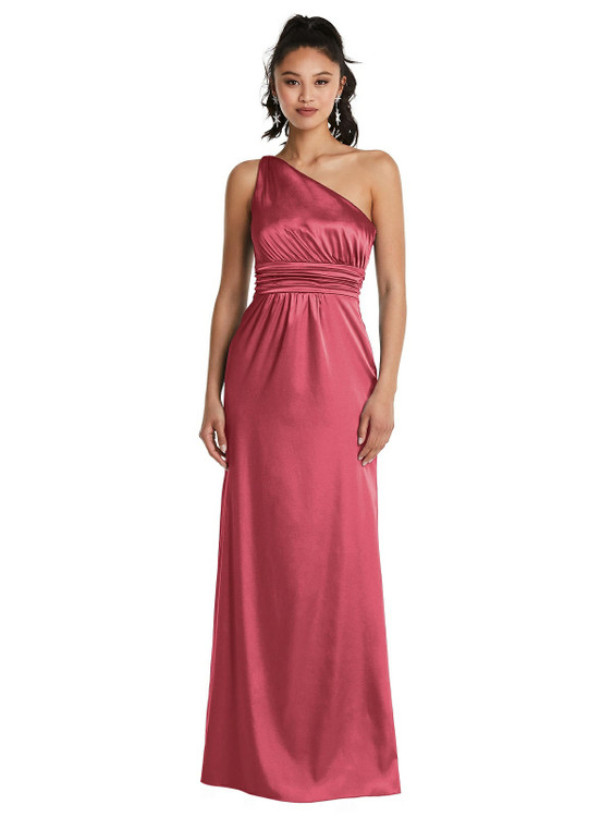 One-Shoulder Draped Satin Maxi Dress TH063 By Thread Bridesmaids in 32 colors shown in Nectar