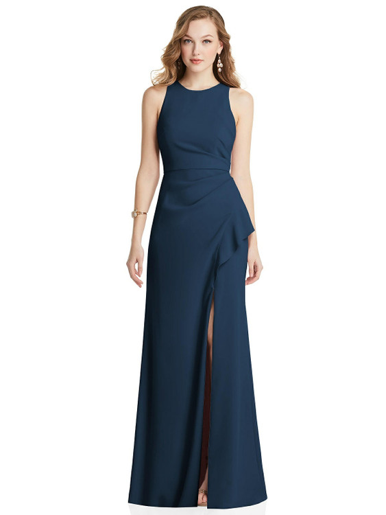 Halter Maxi Dress with Cascade Ruffle Slit by Dessy style 3081 available in  32 color shown in Regalia