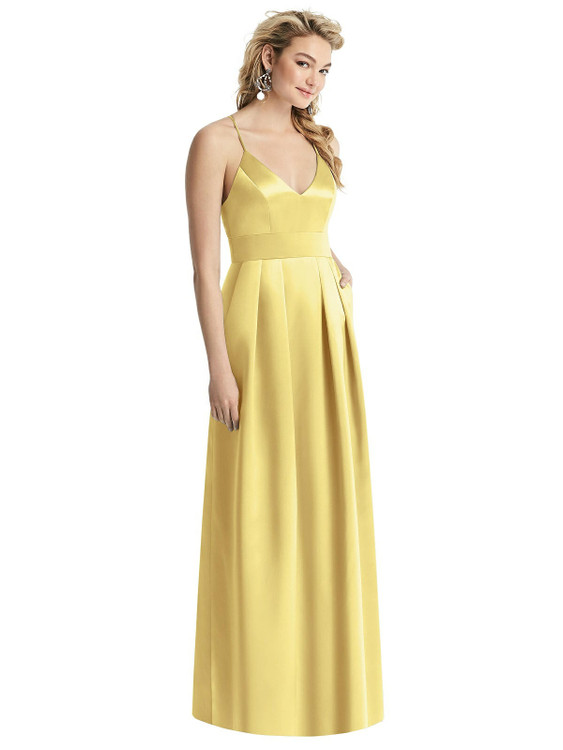Pleated Skirt Satin Maxi Dress with Pockets By After Six 1521 in 74 colors shown in Sunflower