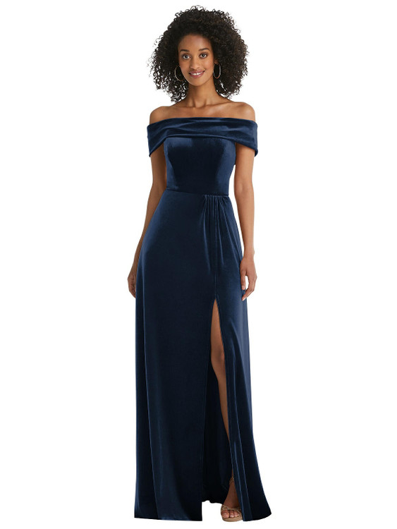 Draped Cuff Off-the-Shoulder Velvet Maxi Dress with Pockets By After Six 1554 in 9 colors
