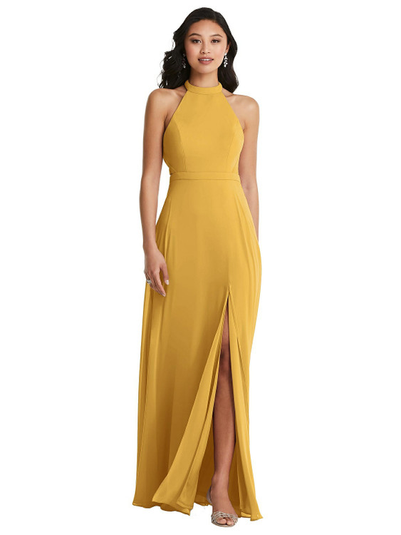 Stand Collar Halter Maxi Dress with Criss Cross Open-Back by  Dessy 3082 in 30 colors shown in Smashing