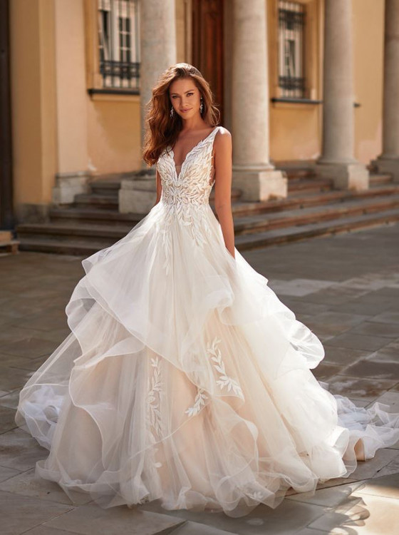 Kaylee J6832 by Moonlight Bridal Modern Glam Ball Gown with Simple Satin  Bodice and Cascade Skirt