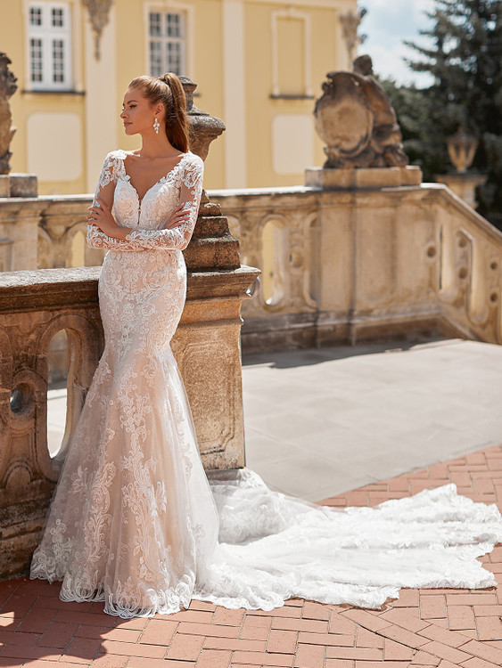 Kaylee J6832 by Moonlight Bridal Modern Glam Ball Gown with Simple Satin  Bodice and Cascade Skirt