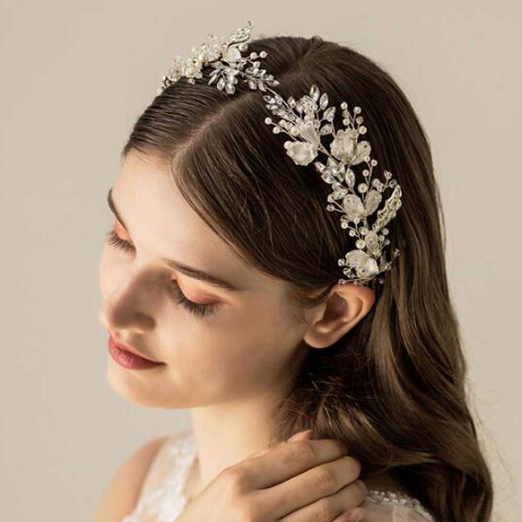 Silver Leaf Rhinestones Bridal Hair Ribbon (MITIARA21)