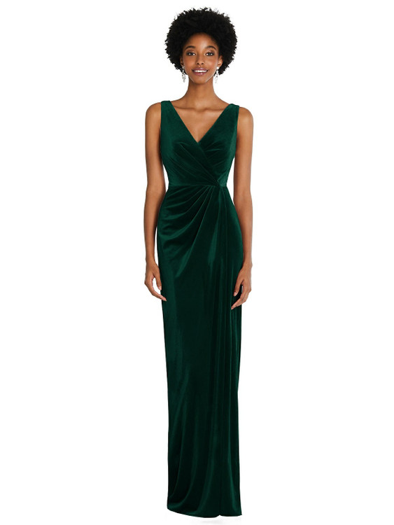 After Six Draped Skirt Faux Wrap Velvet Maxi Bridesmaid Dress 6861 in evergreen