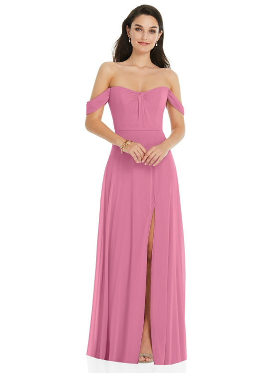 Off-the-Shoulder Draped Sleeve Maxi Dress with Front Slit Dessy ...