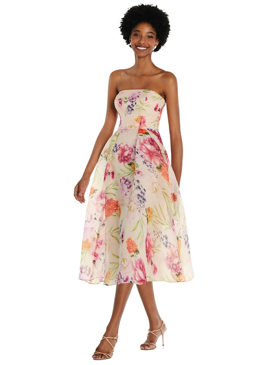 Strapless Pink Floral Organdy Midi Dress by Alfred Sung D834FP