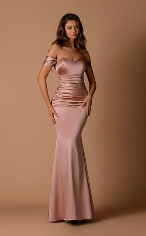 Azier Dress NBM1022/JP119 by Jadore Evening Satin Off the Shoulder Sweetheart Ruched Mermaid Dress