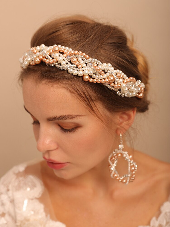 Luxury Champagne Bridal Pearls  Wedding Hair Decoration Sets (Headband and Earrings)