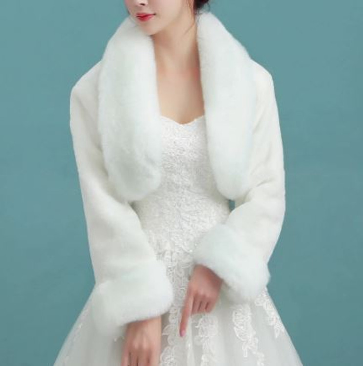 Ivory Long Sleeve Faux Fur Bridal Shrug