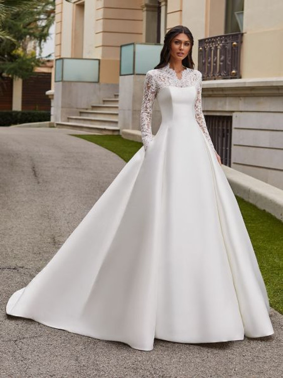 Jory A-lIne Kelly Mikado Wedding Gown By Pronovias Barcelona ( Dress & Jacket ) ( arrive in July)
