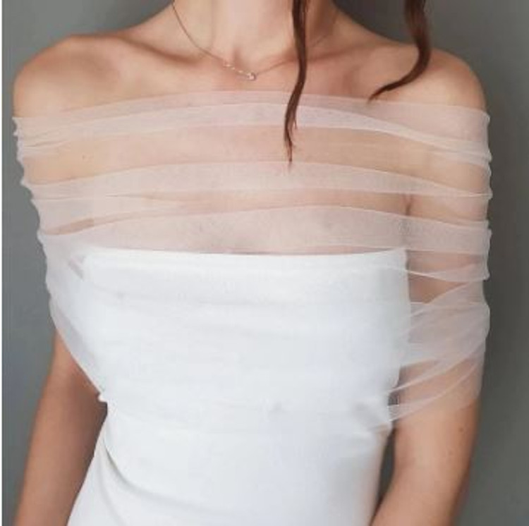 Pleated Sheer Off the Shoulder Tulle Wrap Shawl with Buttons