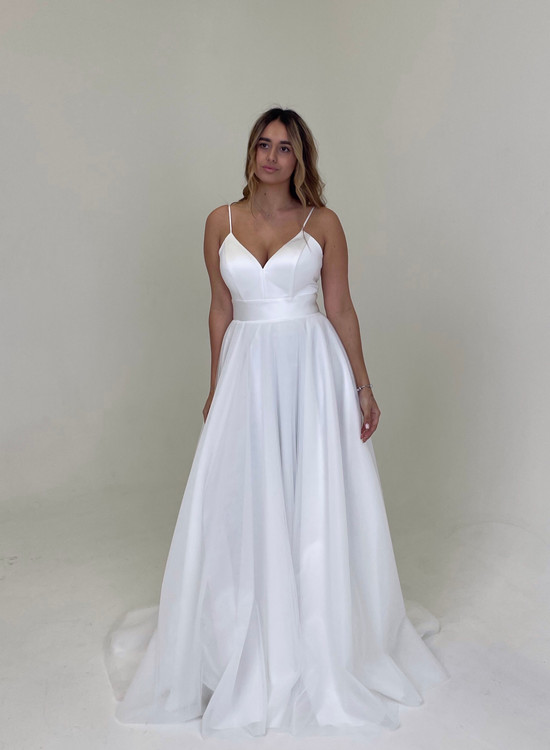 Audrey V-Neck A-Line Wedding Gown in Satin or Crepe or Mikado with thin straps