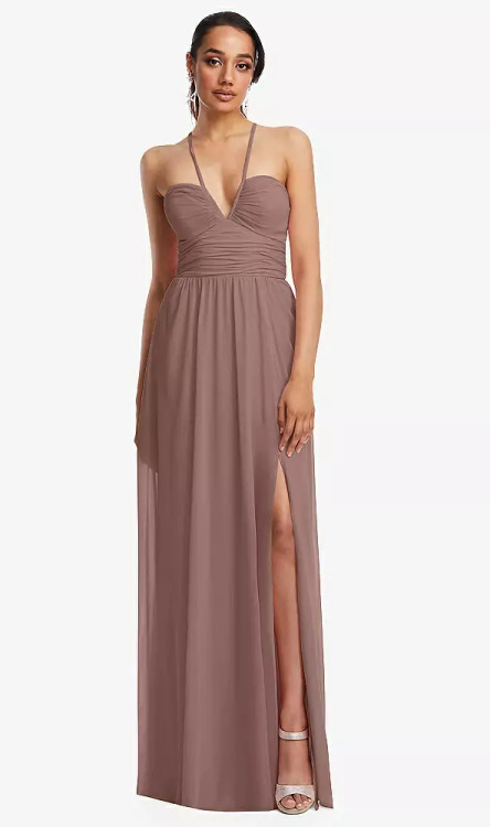 PLUNGE NECK HALTER BACKLESS GOWN WITH FRONT SLIT TH110 By Thread  Bridesmaids in 29 colors  Buy Online PLUNGE NECK HALTER BACKLESS  bridesmaid Dresses Australia - Fashionably Yours Bridal & Formal Sydney