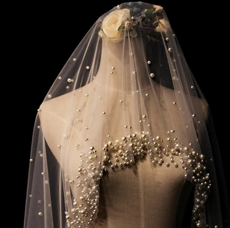 Pearls Luxurious  Wedding Cathedral Veil or Bridal Cape 1 Layer With Pearls 3 M in Ivory, White, Champagne