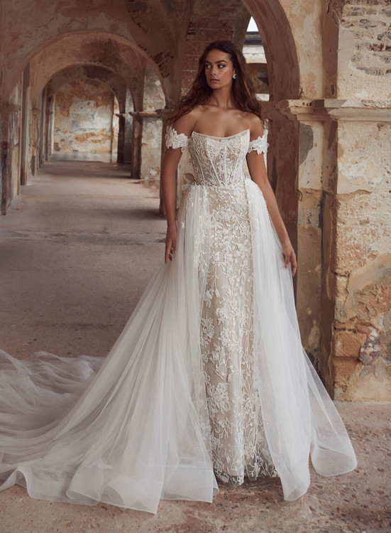 Shazeem Straight Across  3D Lace Sheath Wedding Gown by Calla Blanche Bridal 