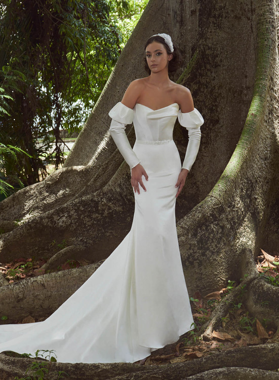 Indrani Soft Satin Sweetheart Sheath Wedding Gown With Detachable Sleeves by Calla Blanche Bridal (Pre-order only) 