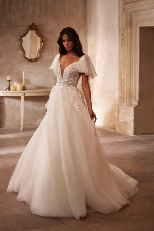 Anastasia V-Neck A-line Dress with Chantilly Lace and Removable Sleeves by Luce Sposa 