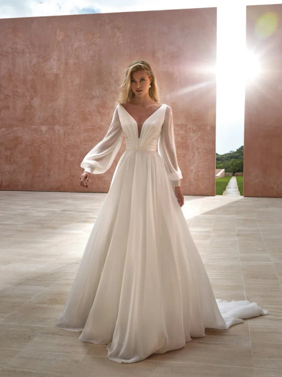 Asmara A-line Wedding Gown in Chiffon and Satin with Detachable Sleeves by Pronovias