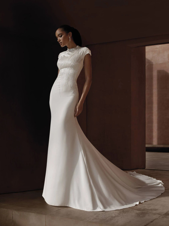 Nihi Crepe Mermaid Wedding Gown with Cap Sleeves and Beading by Pronovias