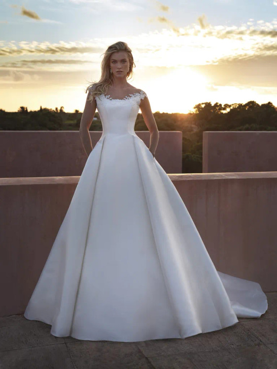 Irlan Mikado Ballgown with Floral Applique and Deep V-back by Pronovias (pre order only)