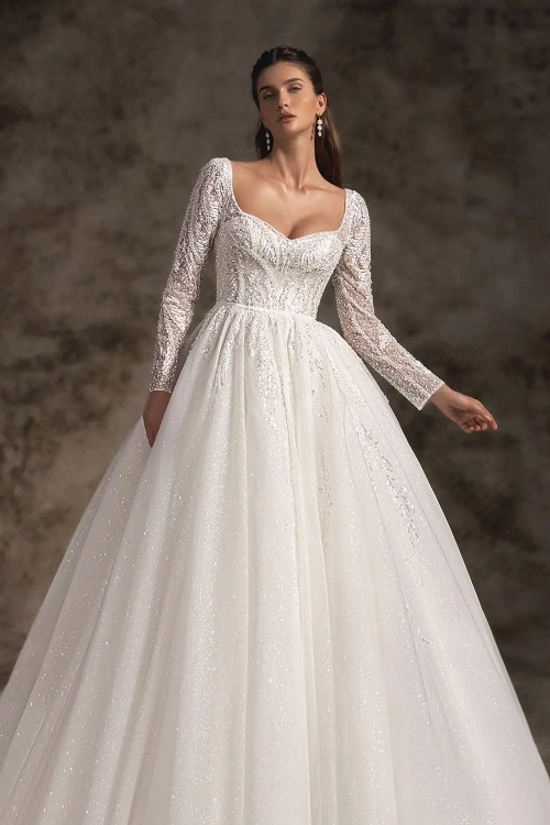 Francesca Beaded Floral Lace Wedding Dress by Wona Concept with long sleeves