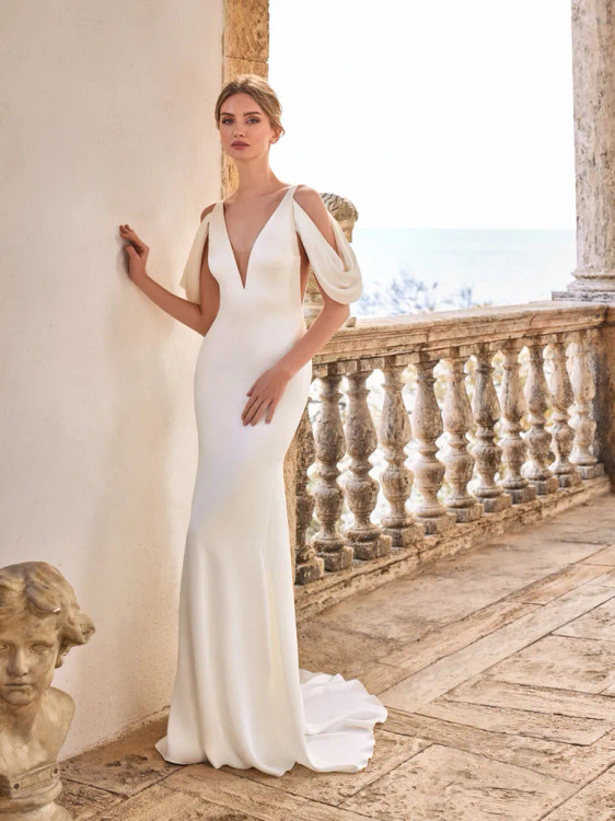 FEME Wedding Dress by Pronovias Sleeveless mermaid wedding dress with off  the shoulder V-neck and