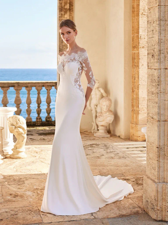 ATENEA Wedding Dress by Pronovias Mermaid crepe wedding dress with three-quarter sleeves and tatto back 