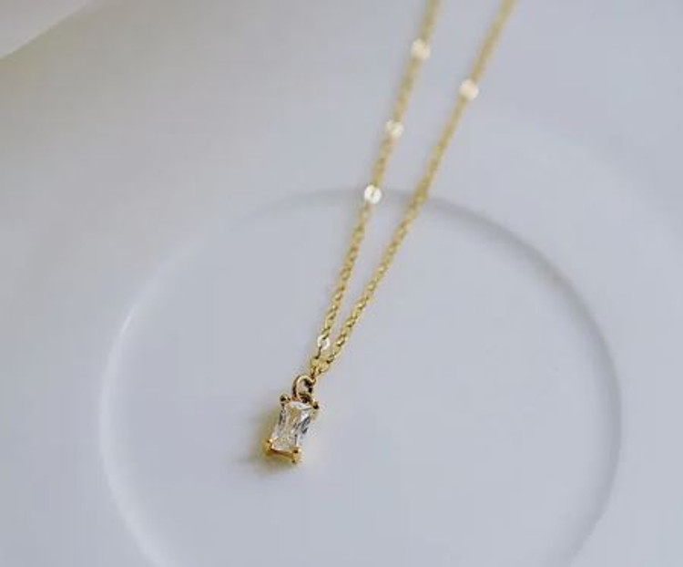 Small Square Diamond Pendant 14k Gold Plated Necklace