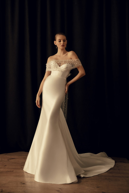 Hilary Fitted Mikado Wedding Dress with Optional Pearls Bolero or voluminous Sleeves by Luse Sposa ($2000- $2300)