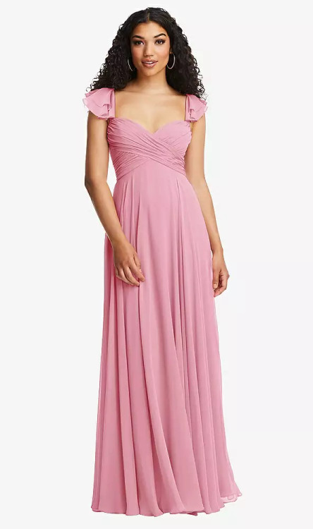 SHIRRED CROSS BODICE LACE UP OPEN-BACK MAXI DRESS WITH FLUTTER SLEEVES IN PEONY PINK in USA 14(aus16)