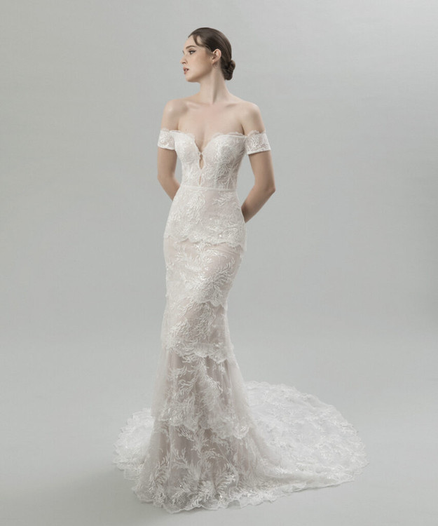 Rosemary off-the -shoulder Tiered Beaded Lace Wedding Gown by Inezia Chrizita