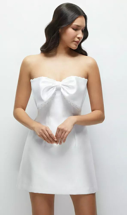 OVERSIZED BOW STRAPLESS LITTLE WHITE MINI DRESS WITH PEARL ACCENTS D866 by Dessy available in White