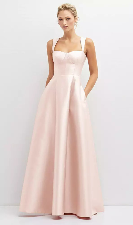 LACE-UP BACK BUSTIER SATIN DRESS WITH FULL SKIRT AND POCKETS D852 by Alfred Sung in 72 colors