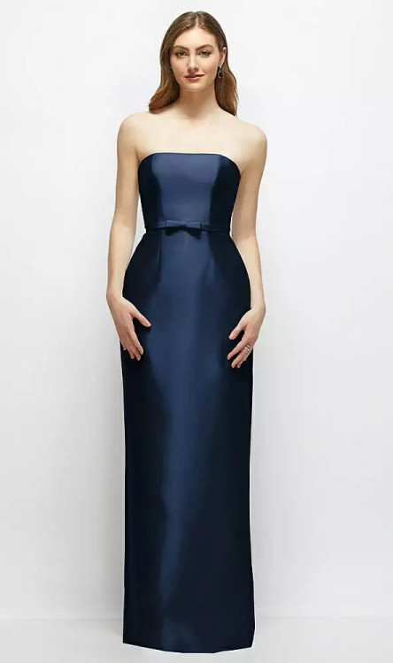 Floral Strapless Satin Column Dress with Bow-Trimmed Skinny Belt