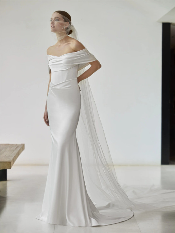 Leight Mermaid Off the Shoulder Satin Wedding Dress by Pronovias