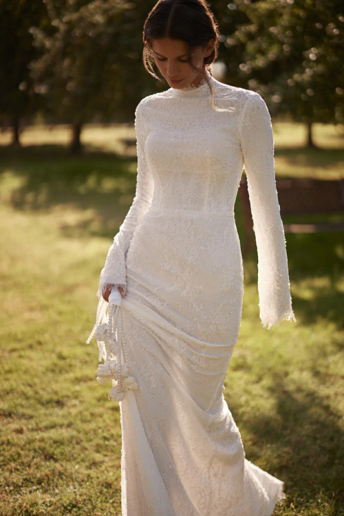 Solstice high-neck Long Sleeves Fitted Wedding Dress by Luce Sposa