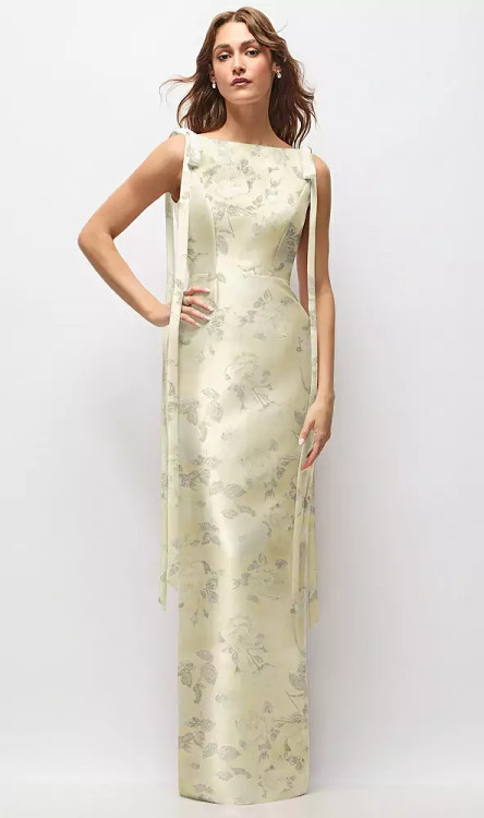 Floral Bateau Neck Satin Column Maxi Dress with Exaggerated Tail Bow Straps by Alfred Sung -   Lilibet · 