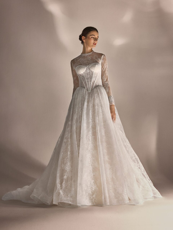 Sadie Basque Waist High Neck Long Sleeves Lace Wedding Dress