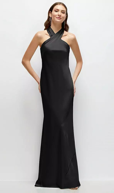 Pleated Halter Bias Satin Maxi Dress with Self-Tie Bow Back After Six Shea · Style 6902