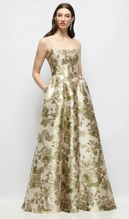 Scoop Neck Drop Basque Skirt Abstract Floral Jacquard Maxi Dress with Pockets by Dessy -   Jillian · Style 3169FJ in Peridot Blush