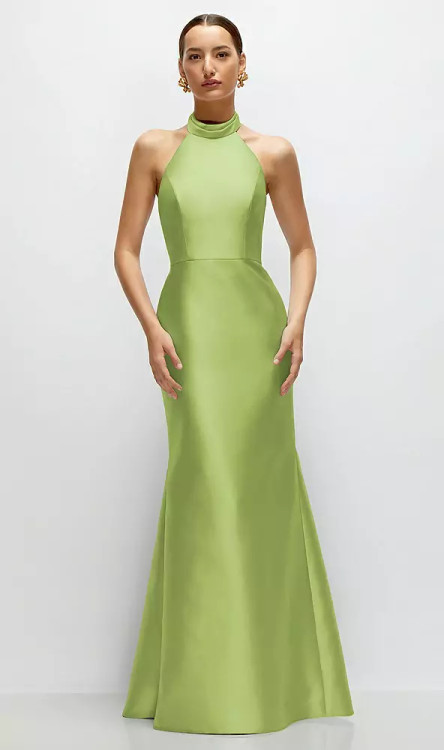 High-Neck Halter Open-Back Satin Trumpet Dress  Bryson · Style D872 · Satin Twill