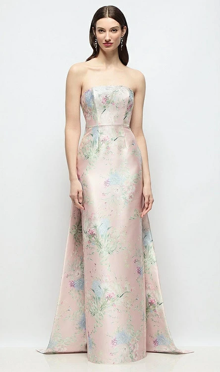 Strapless Esme Floral Satin Column Dress with Removable Watteau Train in Esme Floral 