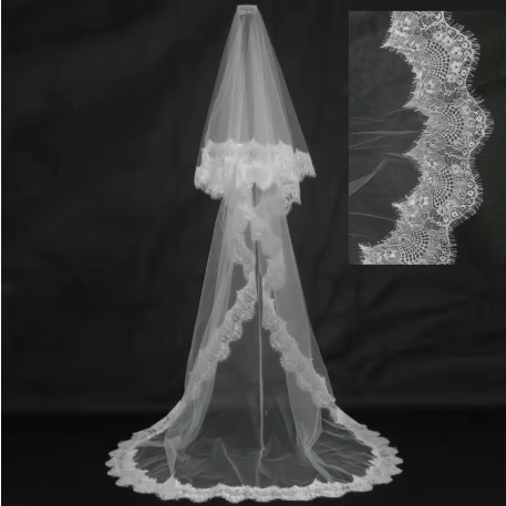 2 Layers with Blusher Vintage Lace Edge Bridal Cathedral Veil 