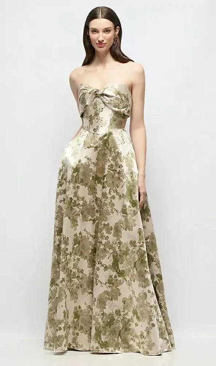 Strapless Twist Cuff Neck Floral Satin Maxi Dress with Basque-Waist & Full Skirt by Alfred Sung -   Antoinette · Style D888AFJ in Abstract Floral Jacquard