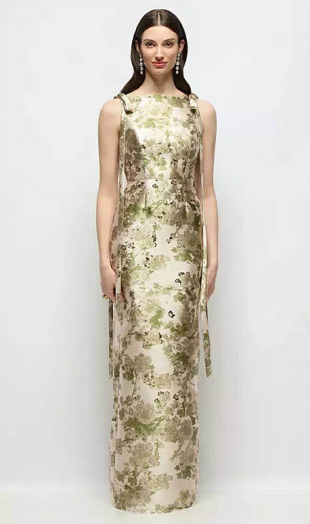 Floral Bateau Neck Satin Column Maxi Dress with Exaggerated Tail Bow Straps by Alfred Sung -   Lilibet · Style D890AFJ in Abstract Floral Jacquard