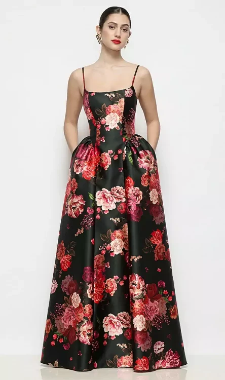 Scoop Neck Drop Basque Skirt Fleur de Villes Satin Maxi Dress with Pockets in Wine Black Multi